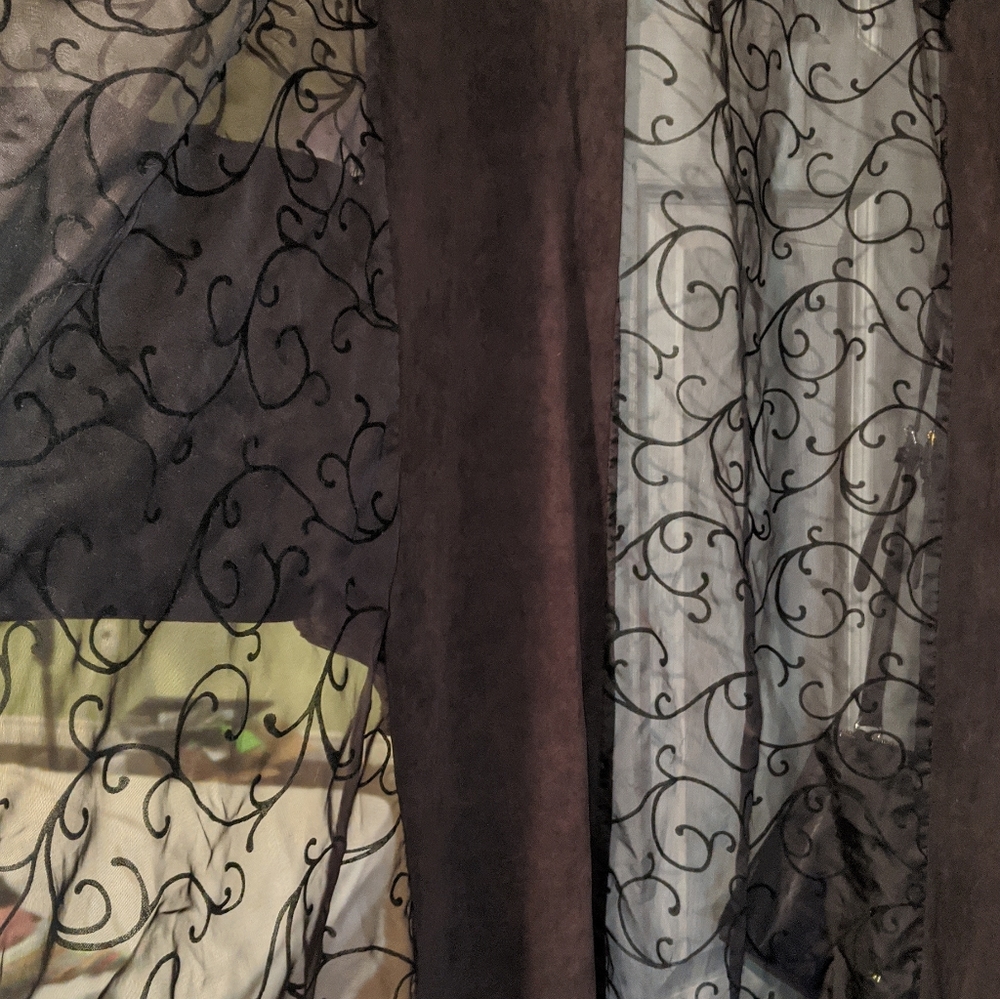 Black Sheer and Faux Suede Curtains 2 Panels